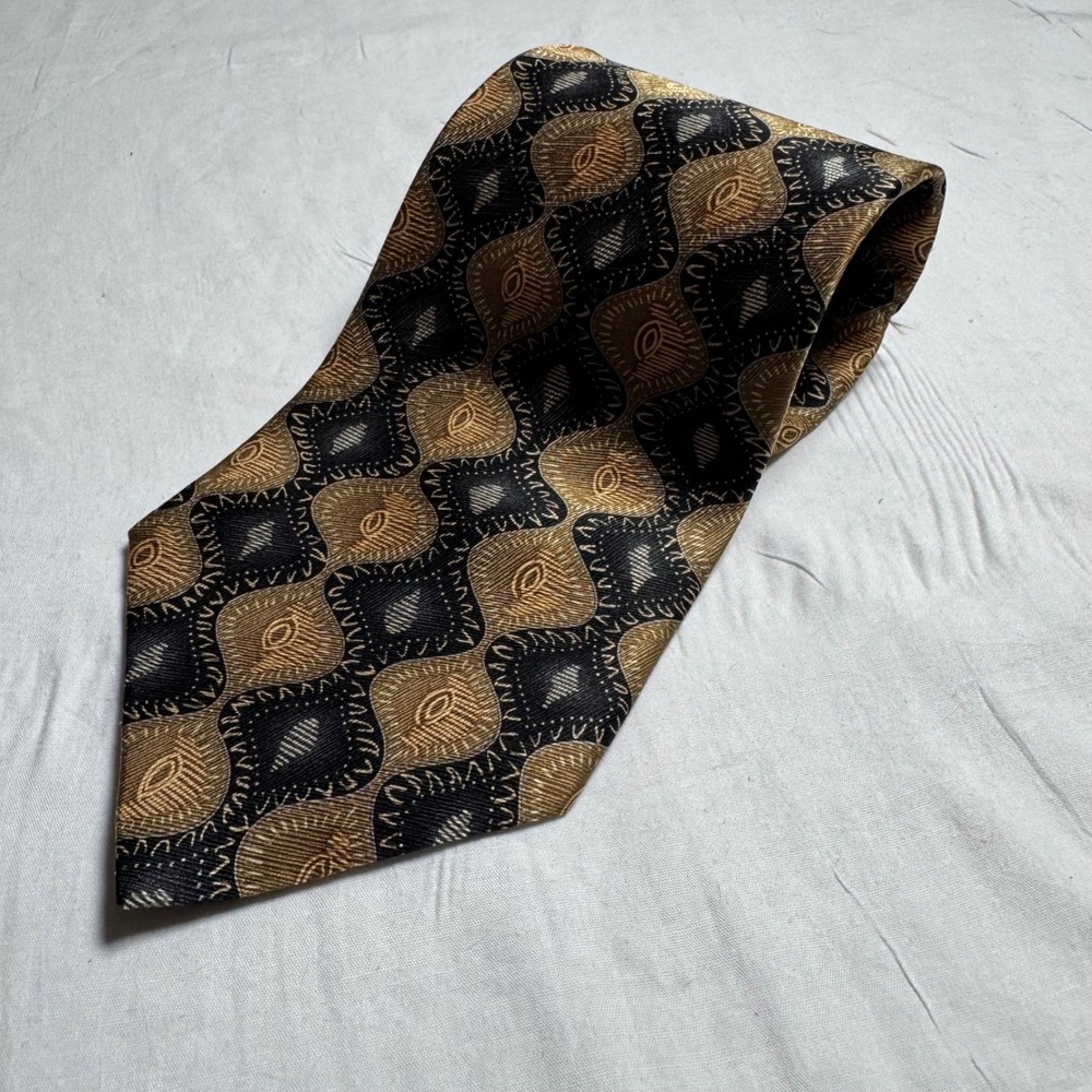 Palatina Silk Tie Mens One Size Gold Black Geometric Medallion Pattern Luxe Silk
